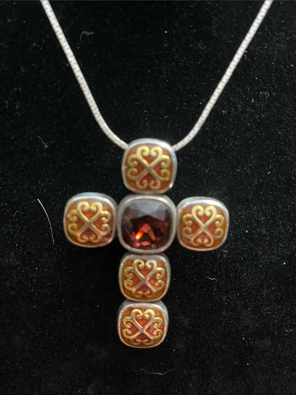 Brighton Silver Cross Pendant Necklace with Red and Orange Enamel